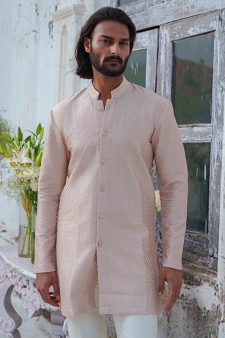 Pink Chanderi Self Textured Front Open Kurta Set by Amrit Dawani at Pernia's Pop Up Shop