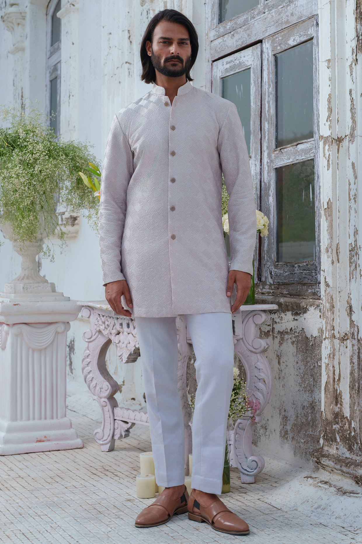 Grey Chanderi Self Textured Front Open Kurta Set by Amrit Dawani at Pernia's Pop Up Shop