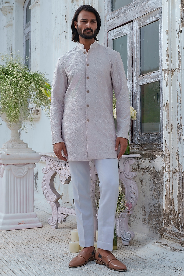 Grey Chanderi Self Textured Front Open Kurta Set by Amrit Dawani at Pernia's Pop Up Shop