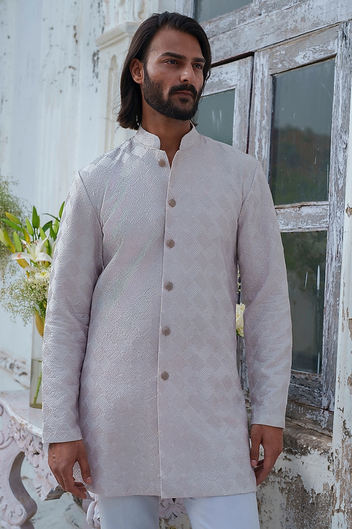 Grey Chanderi Self Textured Front Open Kurta Set by Amrit Dawani at Pernia's Pop Up Shop