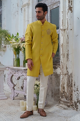 Lime Green Cotton Blend Embroidered Kurta Set by Amrit Dawani