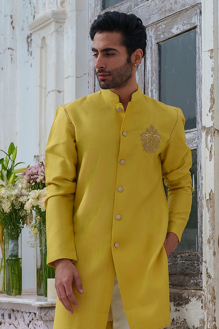 Lime Green Cotton Blend Embroidered Kurta Set by Amrit Dawani at Pernia's Pop Up Shop