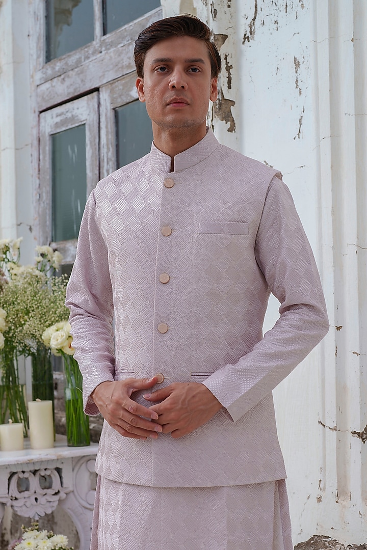 Mauve Chanderi Self Textured Nehru Jacket Set by Amrit Dawani at Pernia's Pop Up Shop