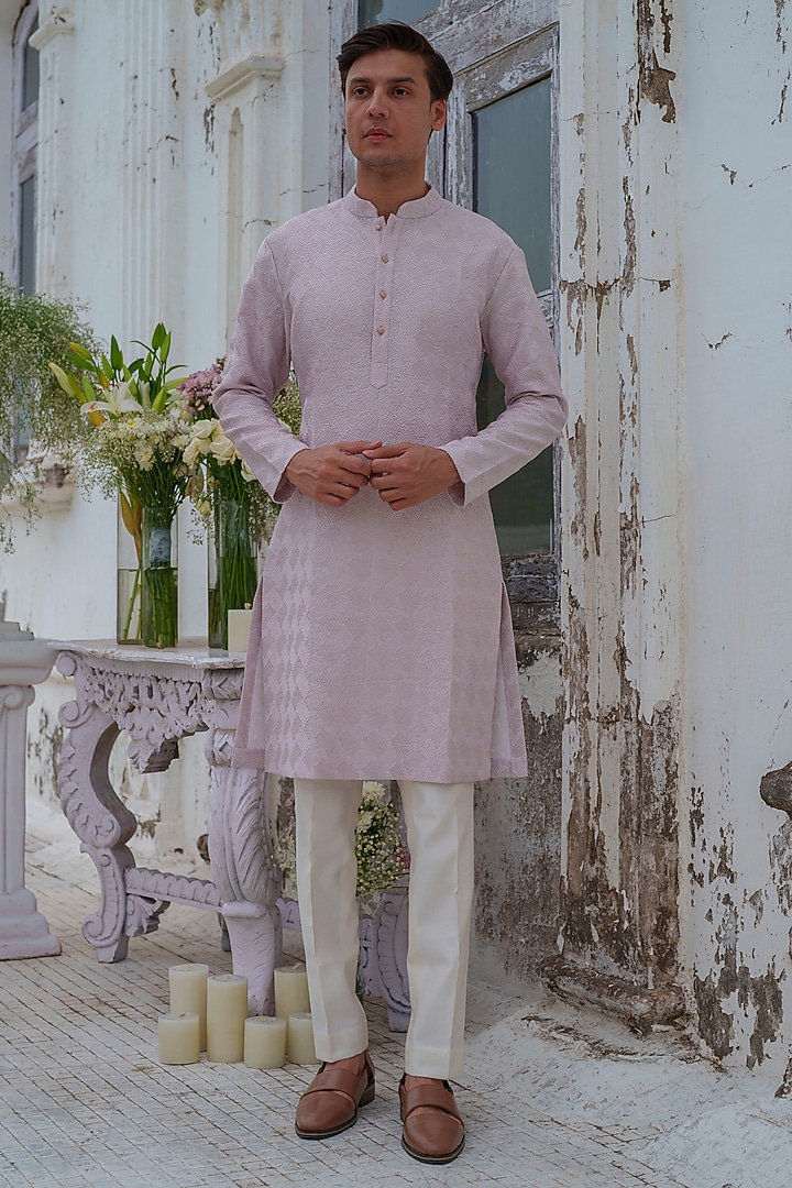Mauve Chanderi Self Textured Nehru Jacket Set by Amrit Dawani at Pernia's Pop Up Shop