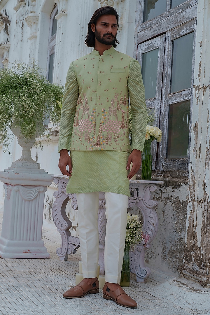 Green Cotton Blend Hand Embroidered Nehru Jacket Set by Amrit Dawani at Pernia's Pop Up Shop