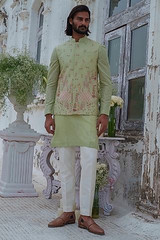 Green Cotton Blend Hand Embroidered Nehru Jacket Set by Amrit Dawani