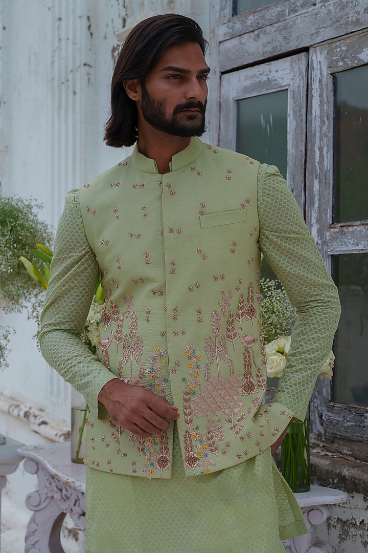 Green Cotton Blend Hand Embroidered Nehru Jacket Set by Amrit Dawani at Pernia's Pop Up Shop