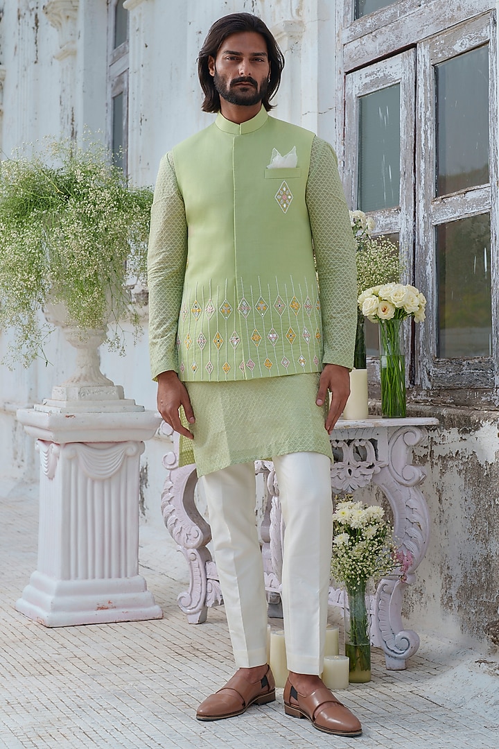 Green Cotton Blend Hand Embroidered Nehru Jacket Set by Amrit Dawani