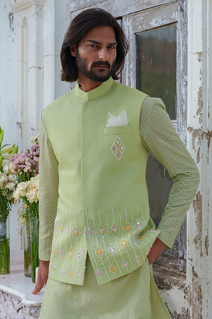 Green Cotton Blend Hand Embroidered Nehru Jacket Set by Amrit Dawani at Pernia's Pop Up Shop