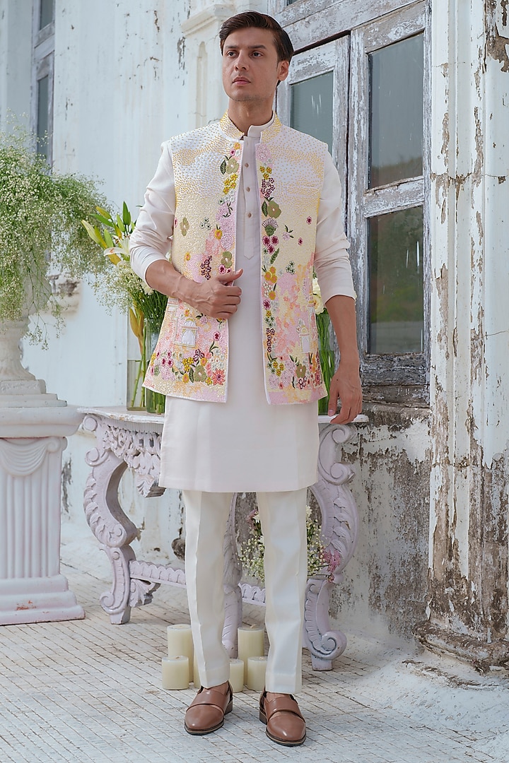 Multi-Colored Raw Silk Hand Embroidered Nehru Jacket Set by Amrit Dawani