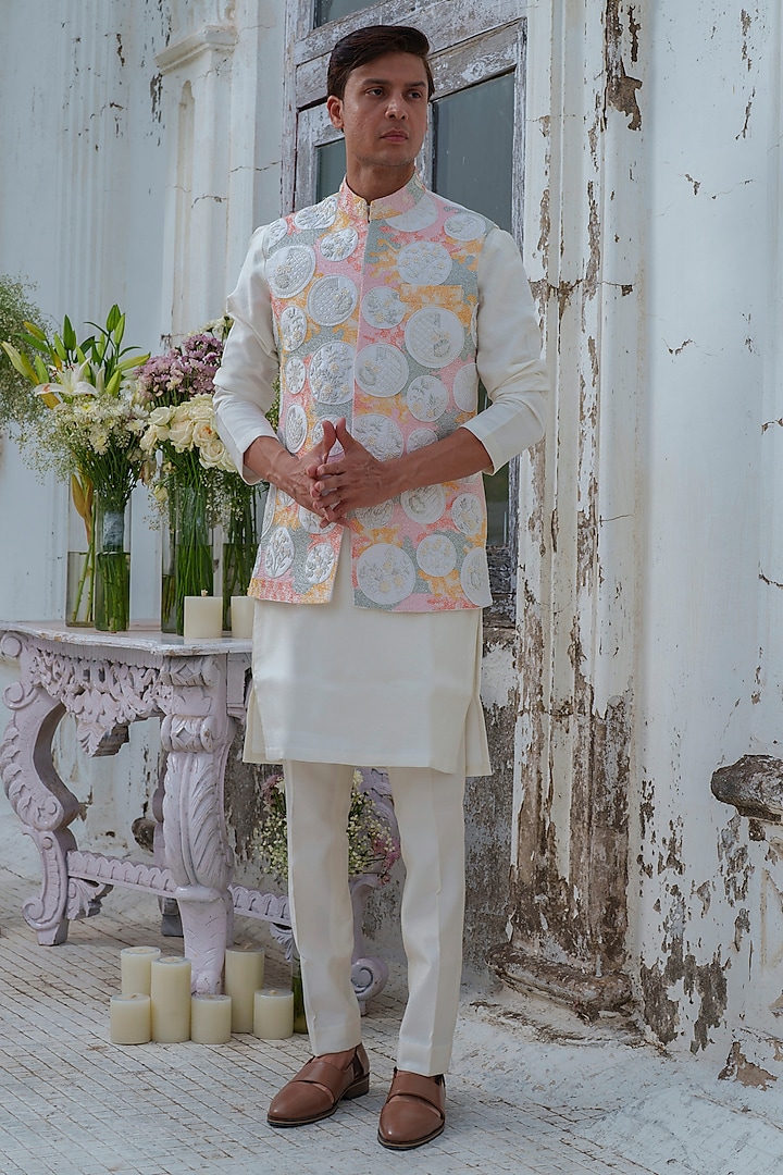 Multi-Colored Raw Silk Hand Embroidered Nehru Jacket Set by Amrit Dawani