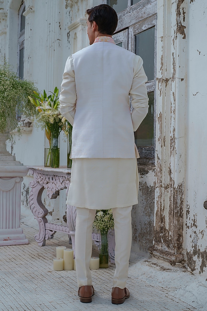 Multi-Colored Raw Silk Hand Embroidered Nehru Jacket Set by Amrit Dawani at Pernia's Pop Up Shop