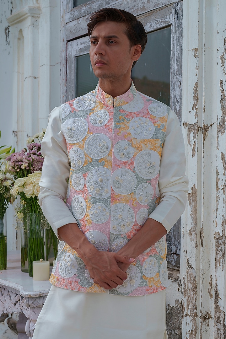 Multi-Colored Raw Silk Hand Embroidered Nehru Jacket Set by Amrit Dawani at Pernia's Pop Up Shop