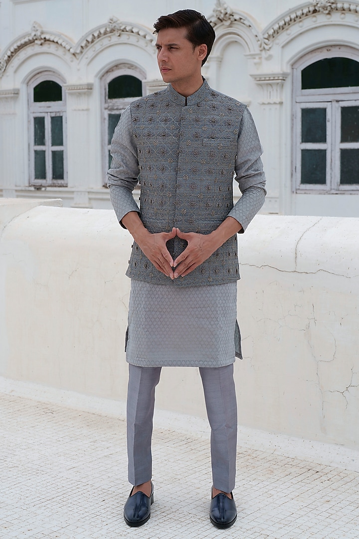 Grey Raw Silk Hand Embroidered Nehru Jacket Set by Amrit Dawani