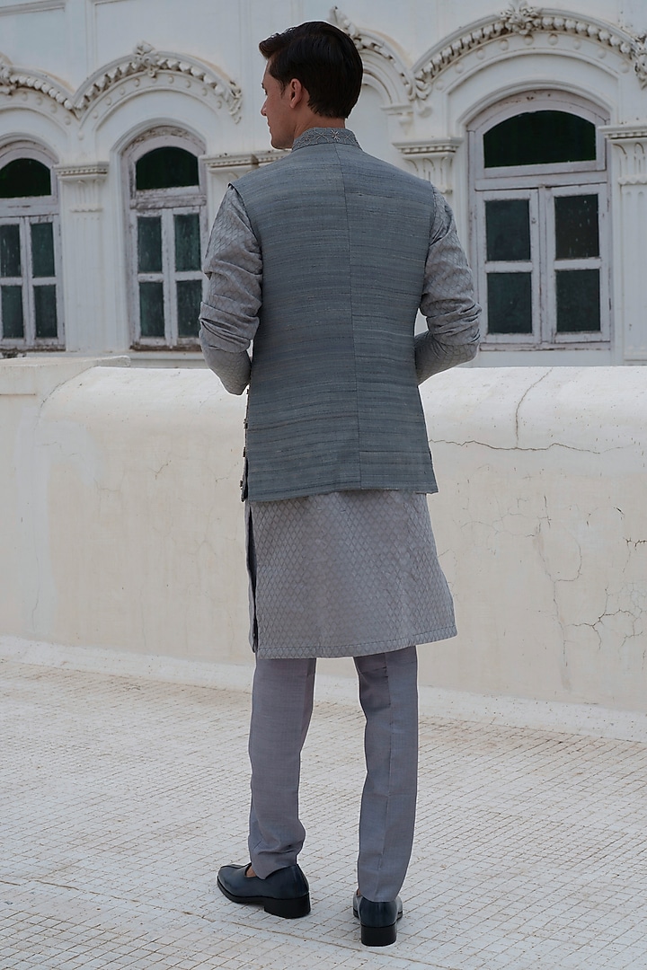 Grey Raw Silk Hand Embroidered Nehru Jacket Set by Amrit Dawani at Pernia's Pop Up Shop