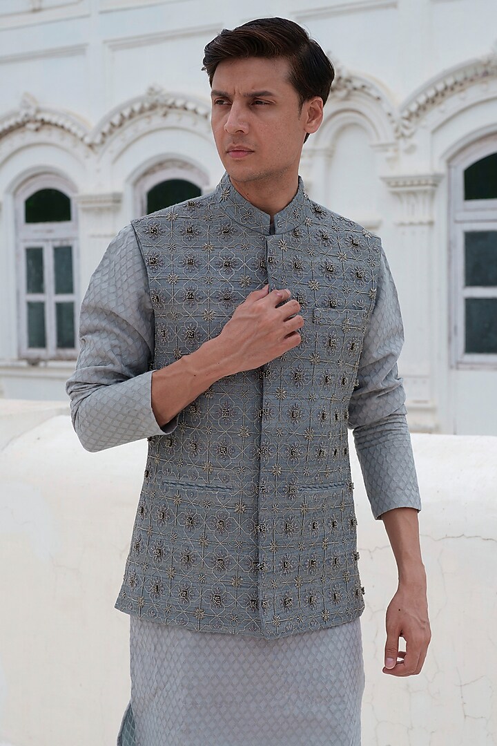 Grey Raw Silk Hand Embroidered Nehru Jacket Set by Amrit Dawani at Pernia's Pop Up Shop