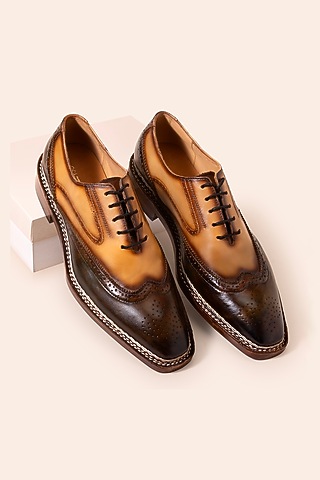 Mustard Tan Leather lace-Up Shoes by Amrit Dawani