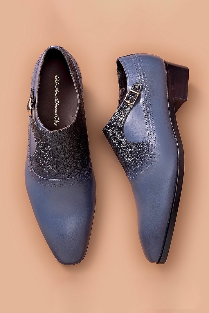 Blue & Grey Leather Buckle Shoes by Amrit Dawani at Pernia's Pop Up Shop