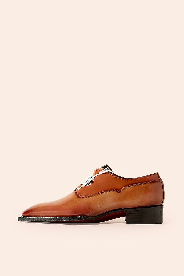 Mustard Tan Brush Off Leather Derby Shoes by Amrit Dawani at Pernia's Pop Up Shop