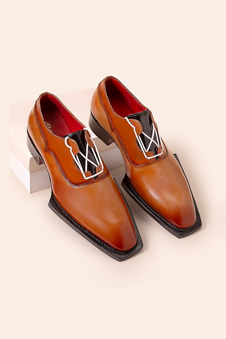 Mustard Tan Brush Off Leather Derby Shoes by Amrit Dawani