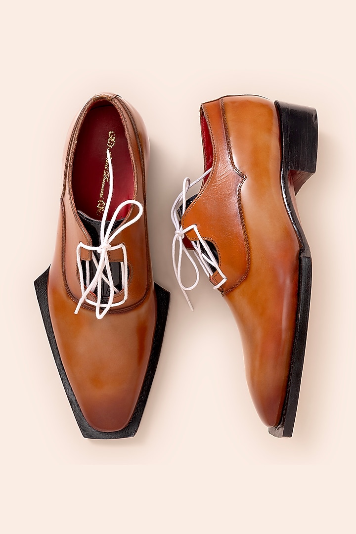 Mustard Tan Brush Off Leather Derby Shoes by Amrit Dawani at Pernia's Pop Up Shop