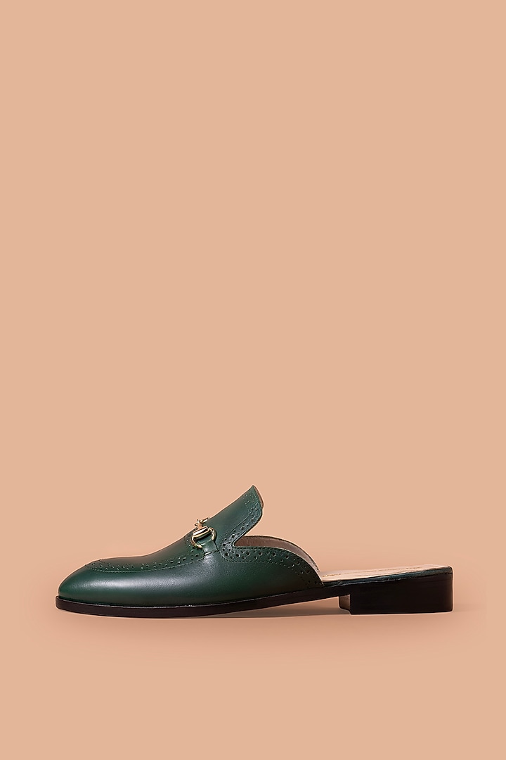 Olive Green Leather Mules by Amrit Dawani at Pernia's Pop Up Shop 2025