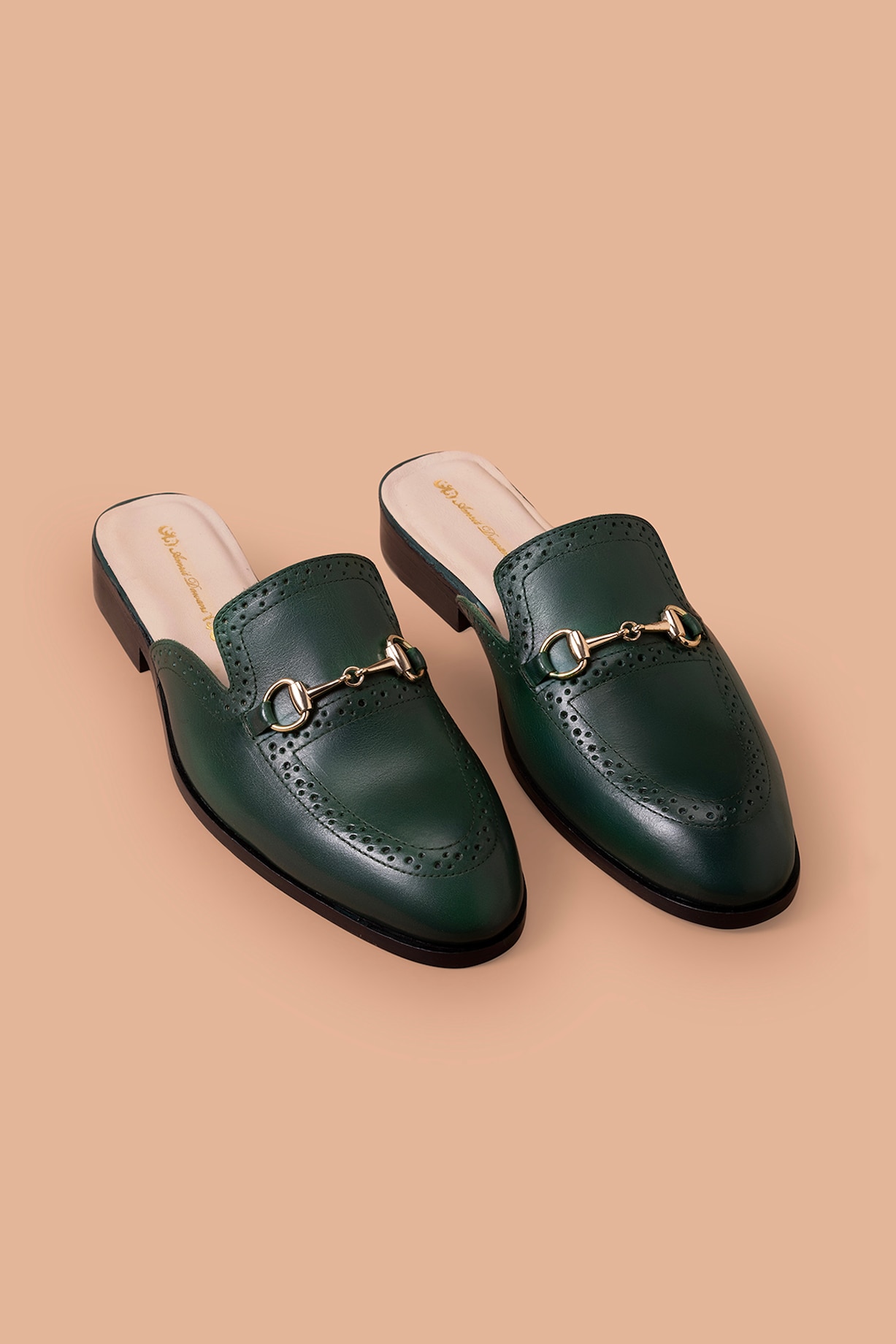 Olive Green Leather Mules by Amrit Dawani at Pernia's Pop Up Shop