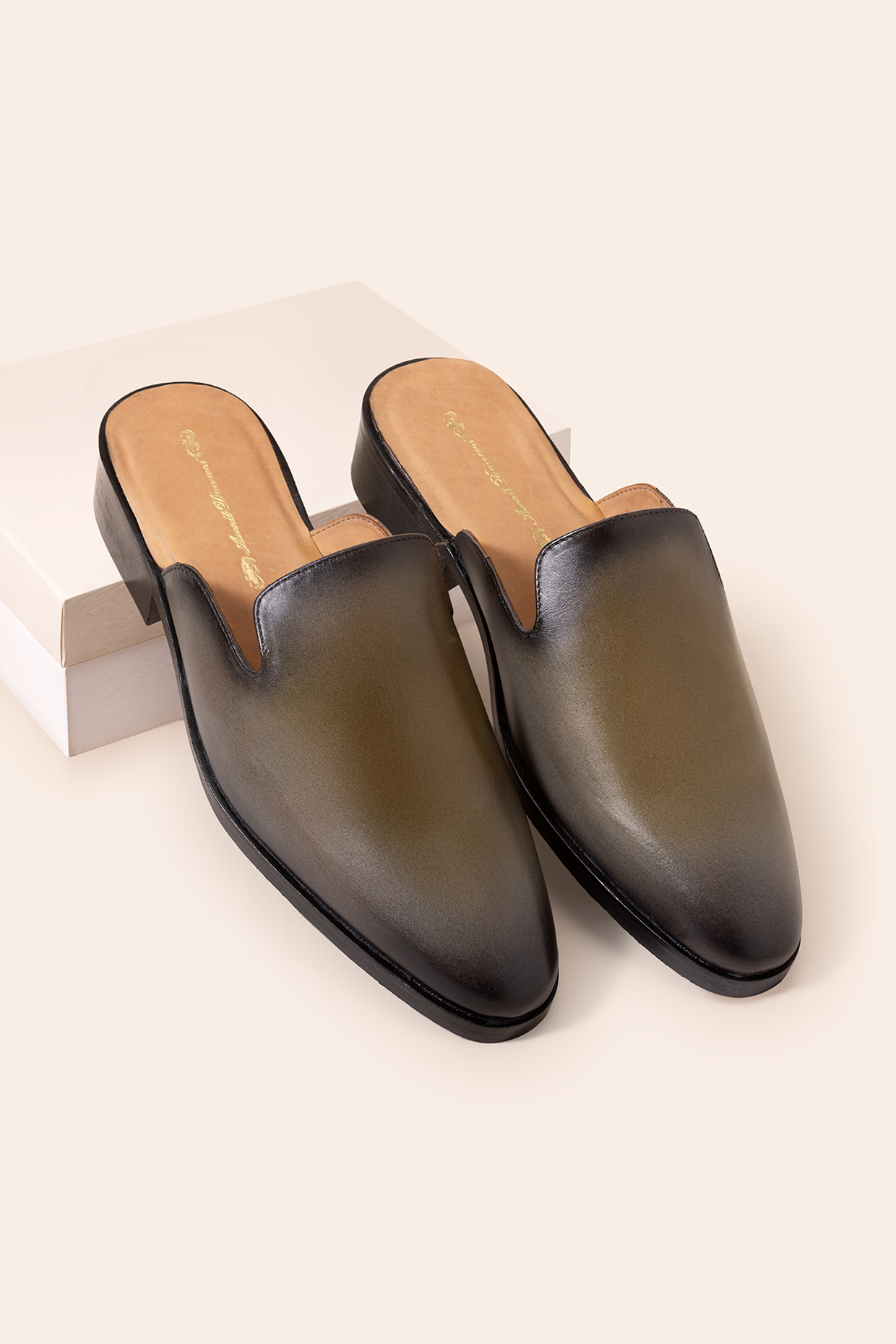 Olive Tan Leather Mules by Amrit Dawani