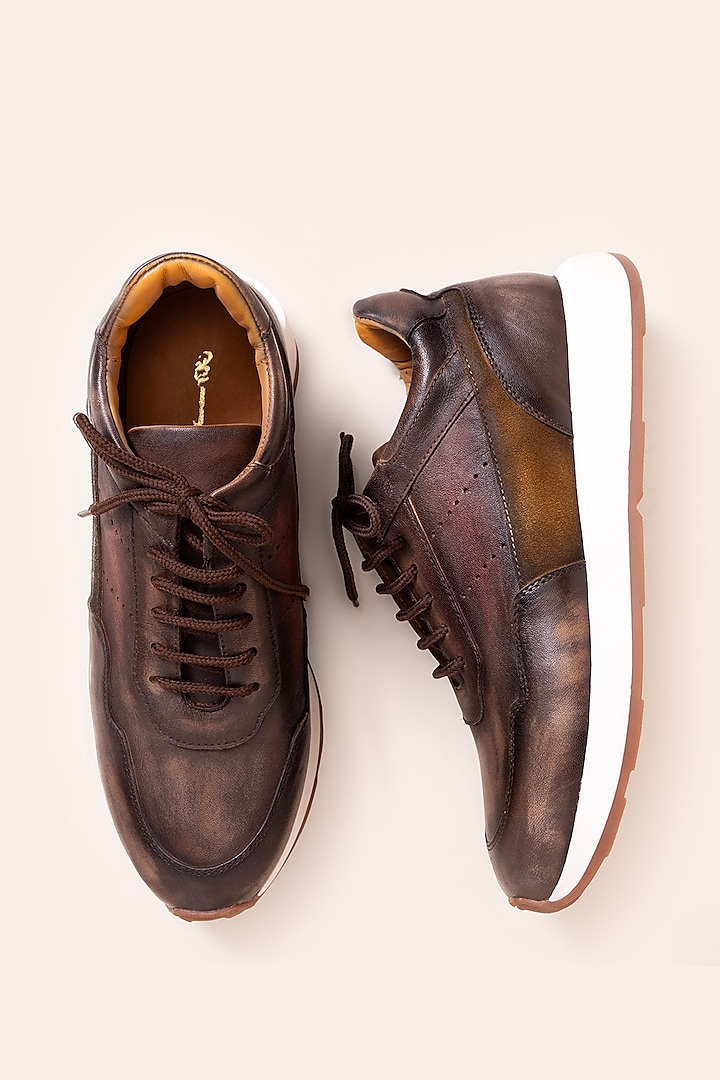 Tan Brown Leather Sneakers by Amrit Dawani