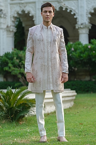 Light Pink Organza Mirror Work Indowestern Set by Amrit Dawani