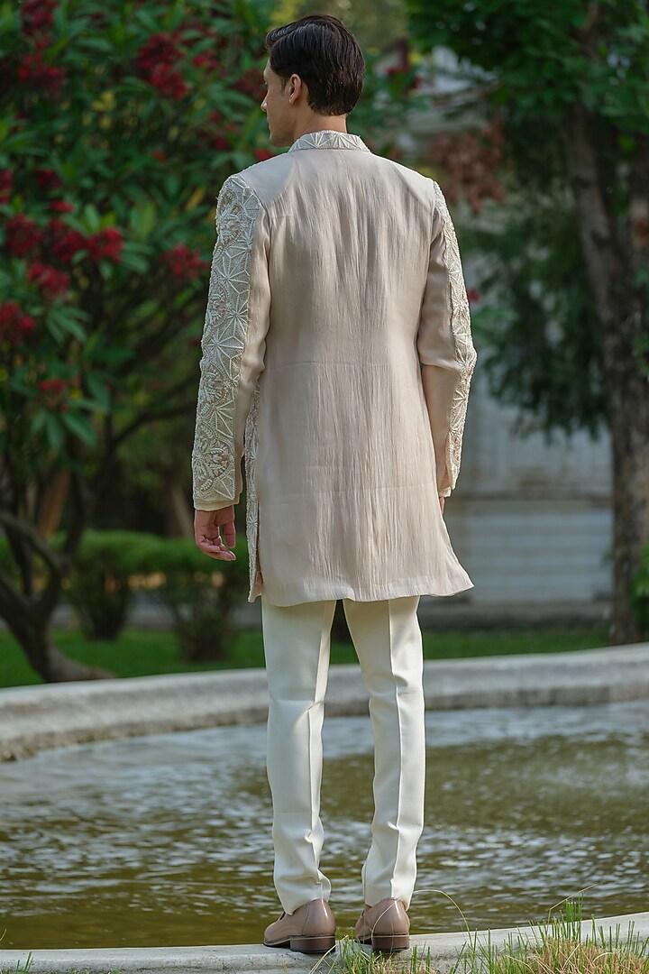 Ivory Organza Geometric Embroidered Groom Indowestern Set by Amrit Dawani at Pernia's Pop Up Shop