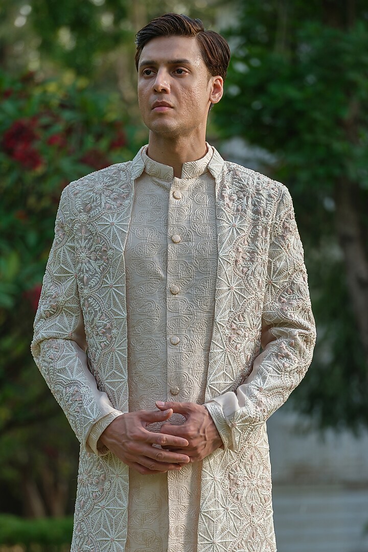 Ivory Organza Geometric Embroidered Groom Indowestern Set by Amrit Dawani at Pernia's Pop Up Shop