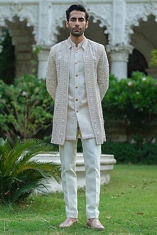 Cream Organza Embroidered Indo-Western Set by Amrit Dawani