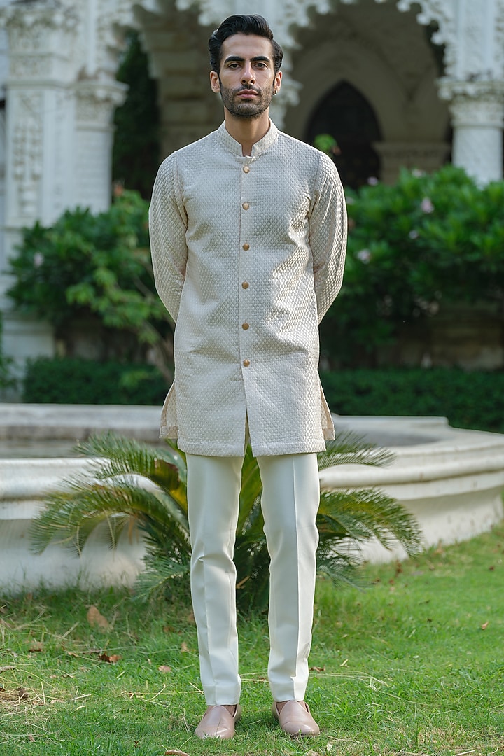 Cream Organza Embroidered Indo-Western Set by Amrit Dawani at Pernia's Pop Up Shop