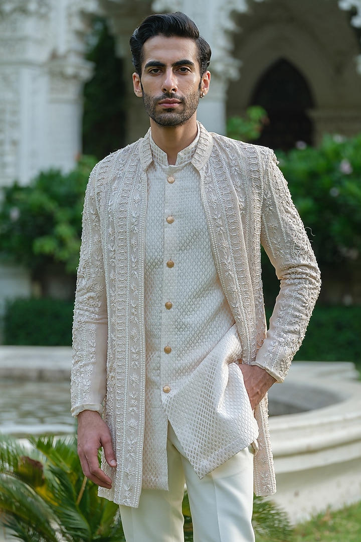 Cream Organza Embroidered Indo-Western Set by Amrit Dawani at Pernia's Pop Up Shop