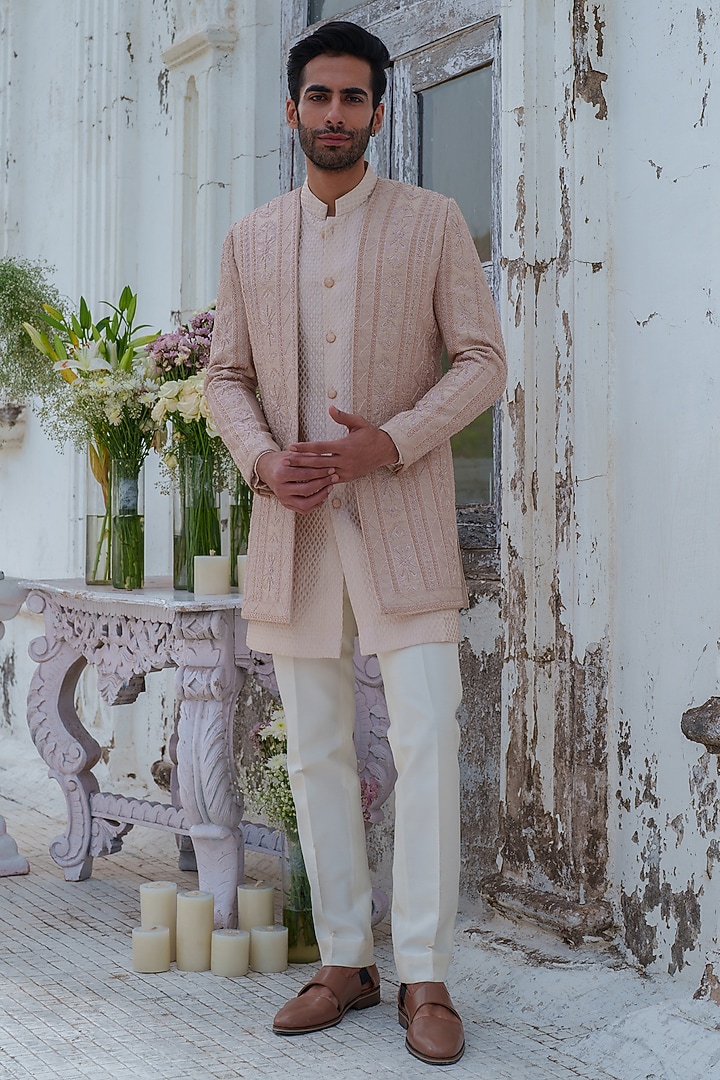 Rose Gold Raw Silk Embroidered Wedding Indowestern Set by Amrit Dawani at Pernia's Pop Up Shop