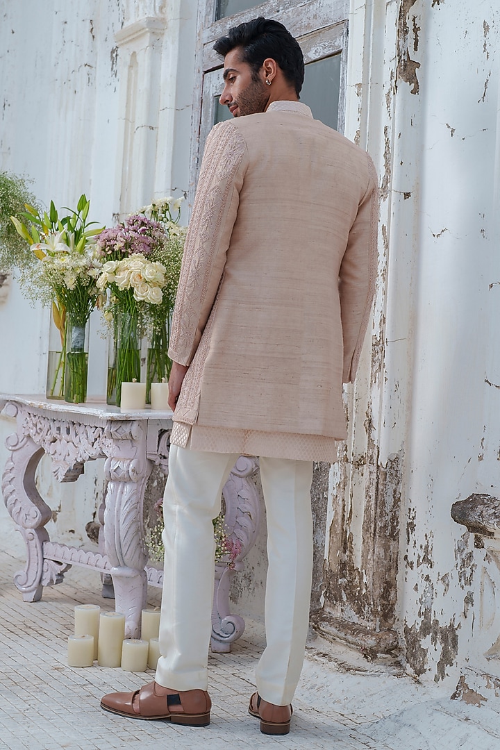 Rose Gold Raw Silk Embroidered Wedding Indowestern Set by Amrit Dawani at Pernia's Pop Up Shop
