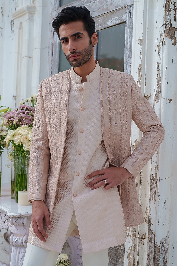 Rose Gold Raw Silk Embroidered Wedding Indowestern Set by Amrit Dawani at Pernia's Pop Up Shop
