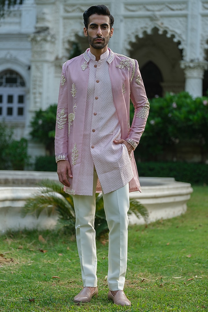 Pink Organza Embroidered Wedding Indowestern Set by Amrit Dawani at Pernia's Pop Up Shop