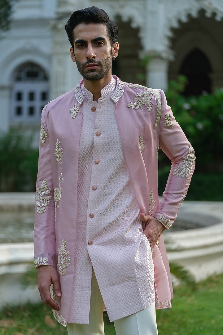 Pink Organza Embroidered Wedding Indowestern Set by Amrit Dawani at Pernia's Pop Up Shop