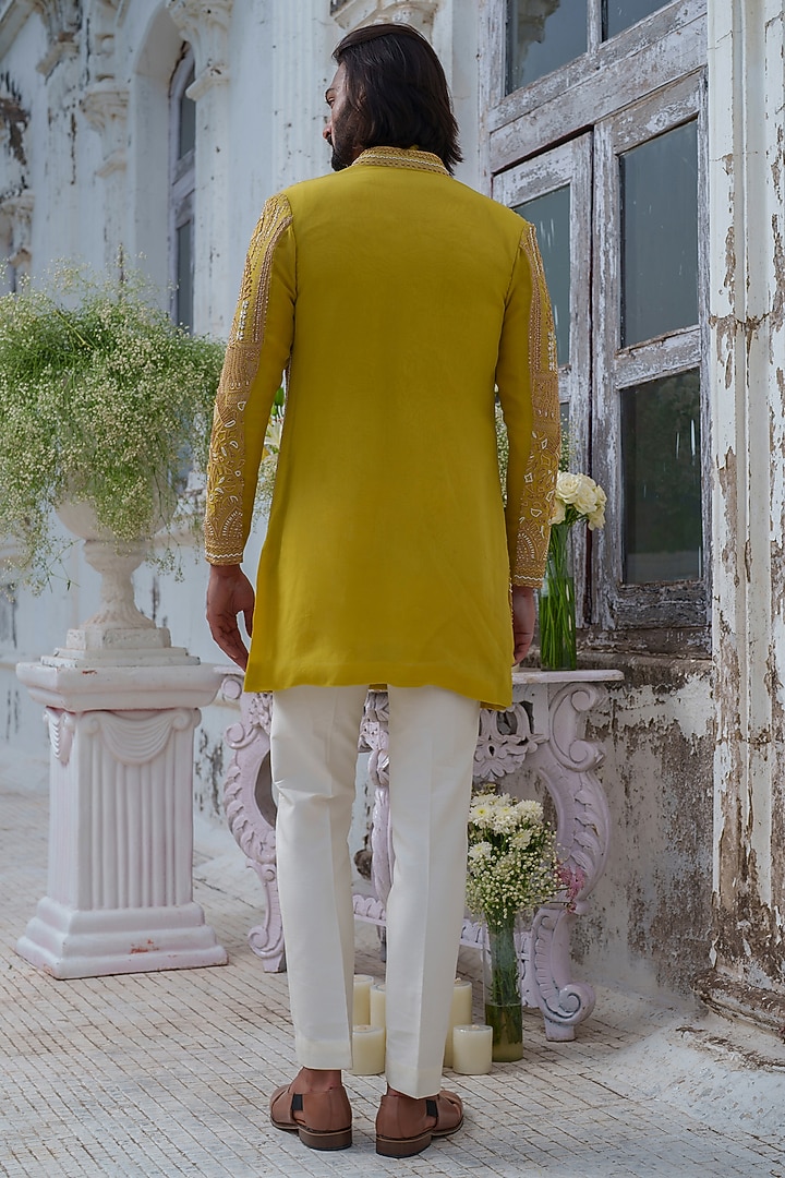 Lime Green Organza Hand Embroidered Groom Indowestern Set by Amrit Dawani at Pernia's Pop Up Shop