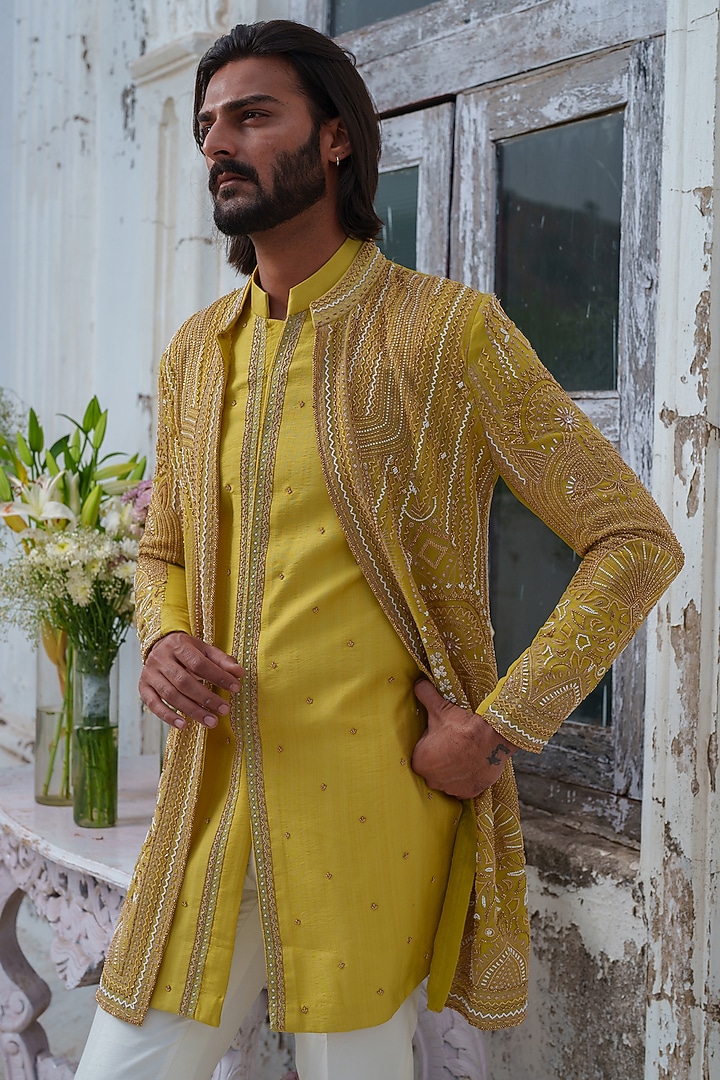 Lime Green Organza Hand Embroidered Groom Indowestern Set by Amrit Dawani at Pernia's Pop Up Shop