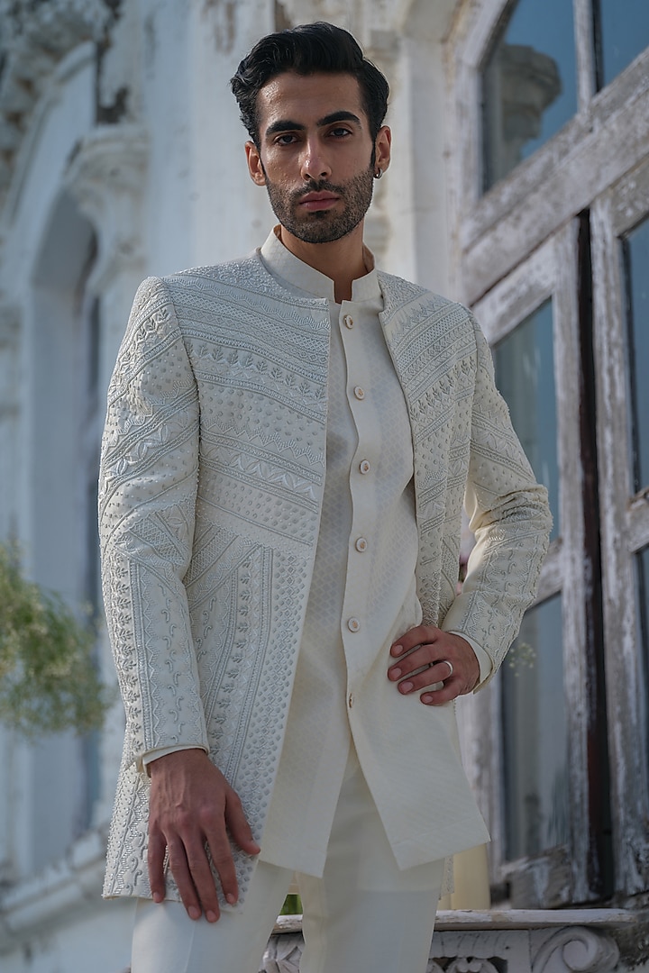 Ivory Raw Silk Hand Embroidered Groom Indowestern Set by Amrit Dawani at Pernia's Pop Up Shop