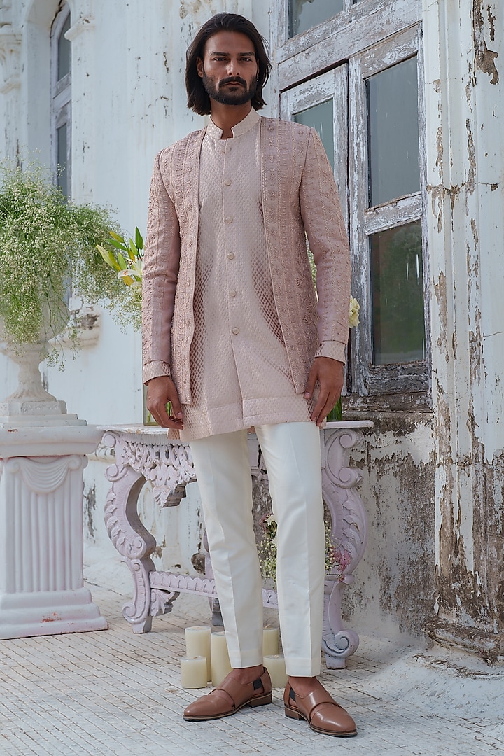 Rose Gold Raw Silk Embroidered Indowestern Set by Amrit Dawani