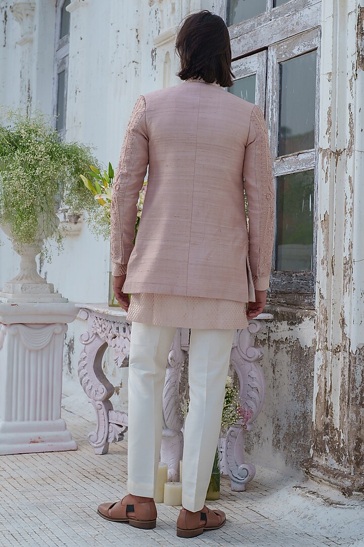 Rose Gold Raw Silk Embroidered Wedding Indowestern Set by Amrit Dawani at Pernia's Pop Up Shop