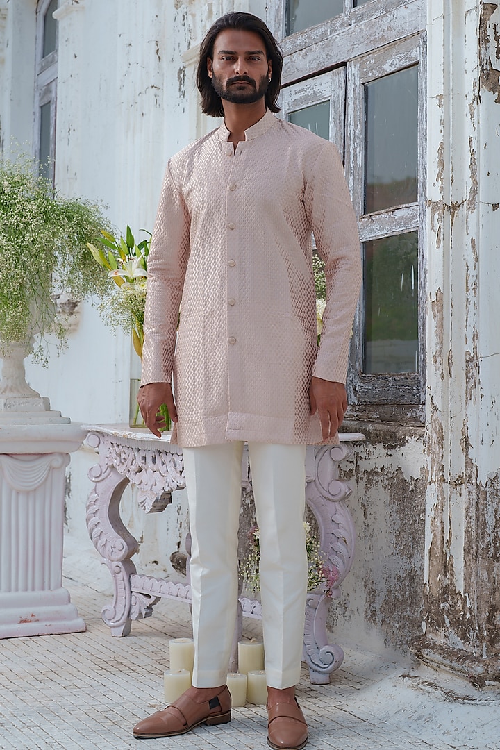 Rose Gold Raw Silk Embroidered Wedding Indowestern Set by Amrit Dawani at Pernia's Pop Up Shop