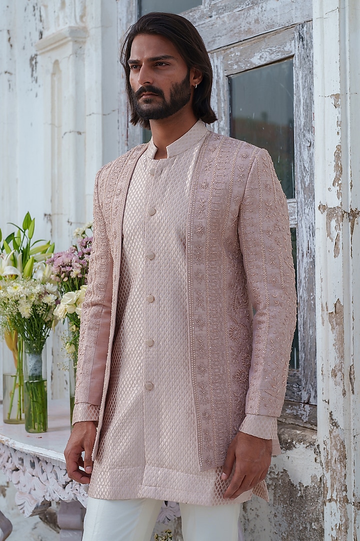 Rose Gold Raw Silk Embroidered Wedding Indowestern Set by Amrit Dawani at Pernia's Pop Up Shop