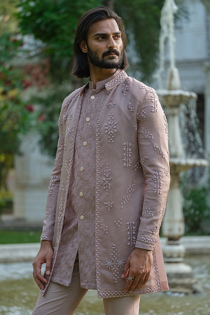 Plum Organza Beads Embroidered Wedding Indowestern Set by Amrit Dawani at Pernia's Pop Up Shop