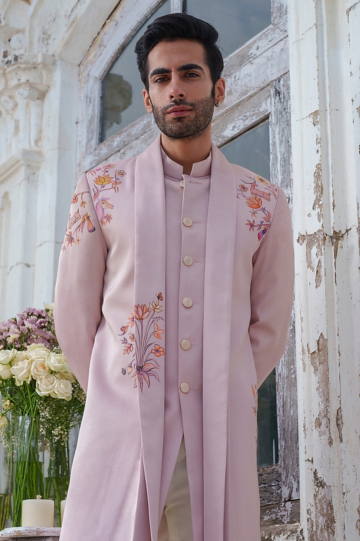 Mauve Modal Silk Hand Painted Cape Kurta Set by Amrit Dawani at Pernia's Pop Up Shop
