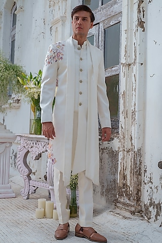 Ivory Modal Silk Hand Painted Cape Kurta Set by Amrit Dawani